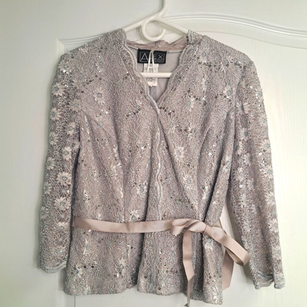 Alex Evenings Shimmering Grey Lace Top Sequined, Belted Formal